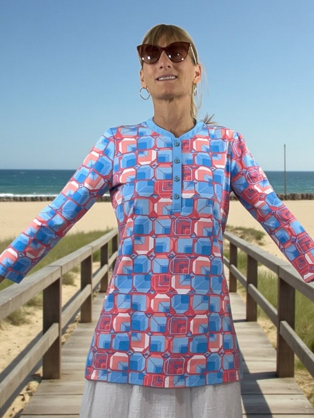 J. McLaughlin For Dillards Catalina Tunic Top S Blue Pink Coastal